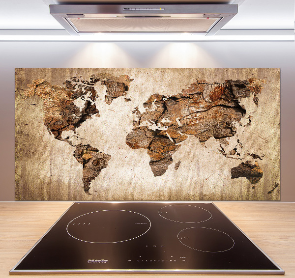 Rivestimento parete cucina con stampa mappa del mondo in effetto legno