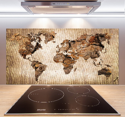 Rivestimento parete cucina con stampa mappa del mondo in effetto legno