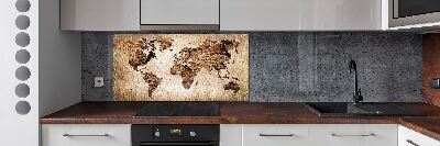 Rivestimento parete cucina con stampa mappa del mondo in effetto legno