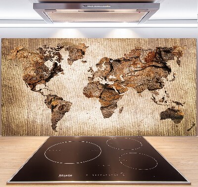 Rivestimento parete cucina con stampa mappa del mondo in effetto legno