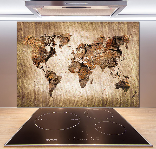 Rivestimento parete cucina con stampa mappa del mondo in effetto legno