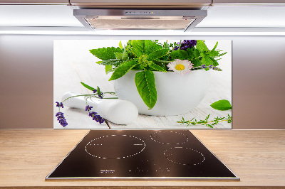 Pannello retrocucina con motivo di mortaio e erbe aromatiche