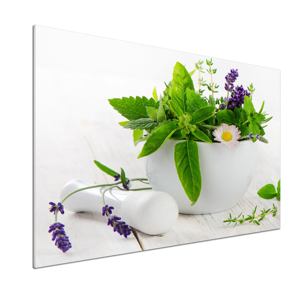 Pannello retrocucina con motivo di mortaio e erbe aromatiche