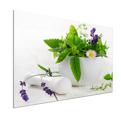 Pannello retrocucina con motivo di mortaio e erbe aromatiche