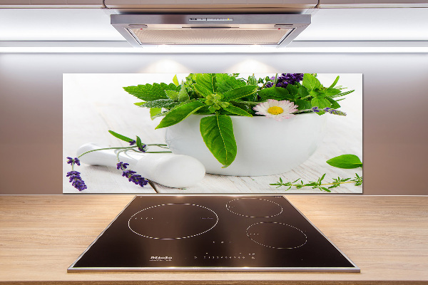 Pannello retrocucina con motivo di mortaio e erbe aromatiche