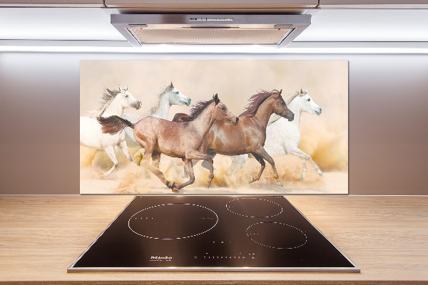 Rivestimento parete cucina con motivo di cavalli al galoppo