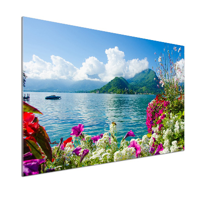 Pannello paraschizzi cucina con stampa a fiori sullo sfondo di un lago