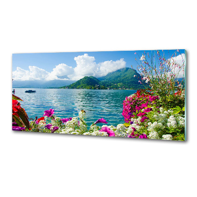 Pannello paraschizzi cucina con stampa a fiori sullo sfondo di un lago