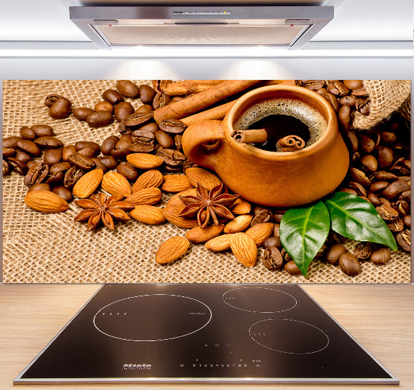 Pannello paraschizzi cucina con motivo di chicchi di caffè e una tazza