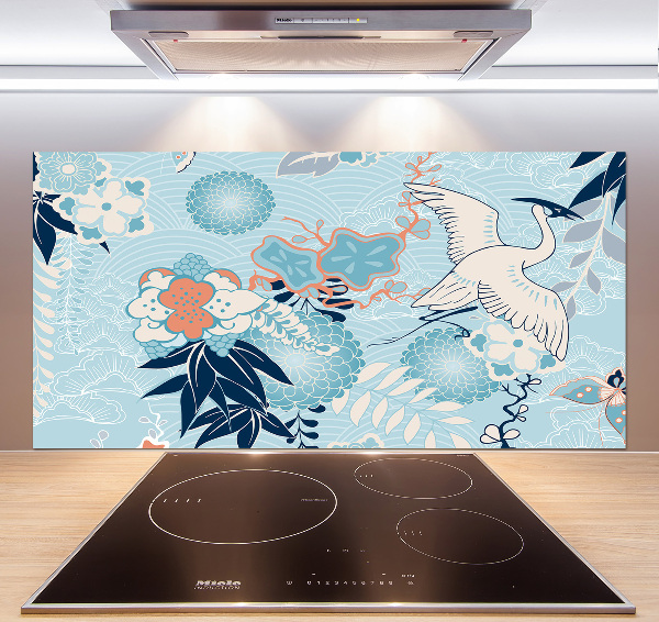 Pannello paraschizzi cucina con motivo a gru e fiori