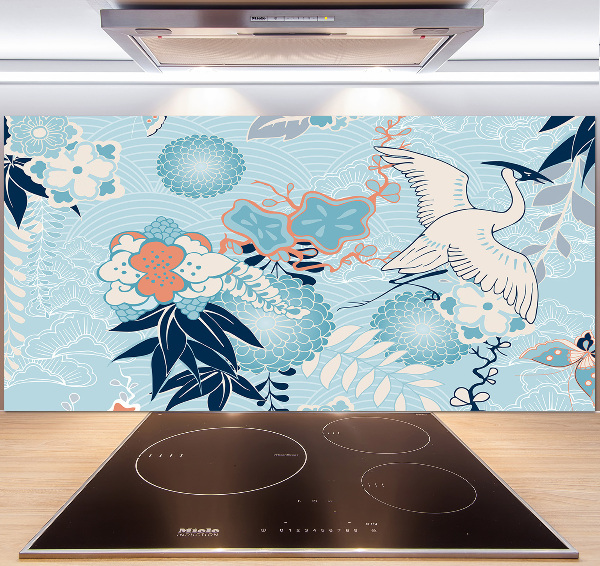 Pannello paraschizzi cucina con motivo a gru e fiori