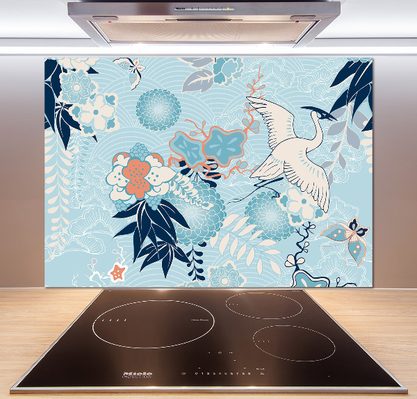 Pannello paraschizzi cucina con motivo a gru e fiori