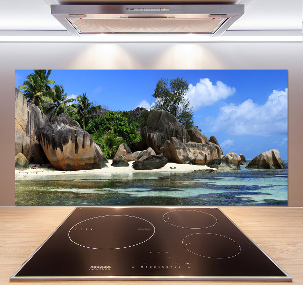 Rivestimento parete cucina con stampa panoramica delle Seychelles