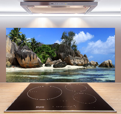 Rivestimento parete cucina con stampa panoramica delle Seychelles
