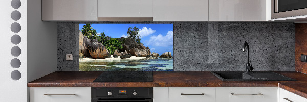 Rivestimento parete cucina con stampa panoramica delle Seychelles