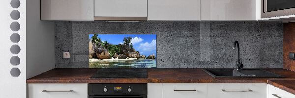 Rivestimento parete cucina con stampa panoramica delle Seychelles