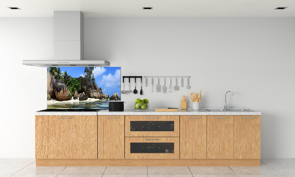 Rivestimento parete cucina con stampa panoramica delle Seychelles