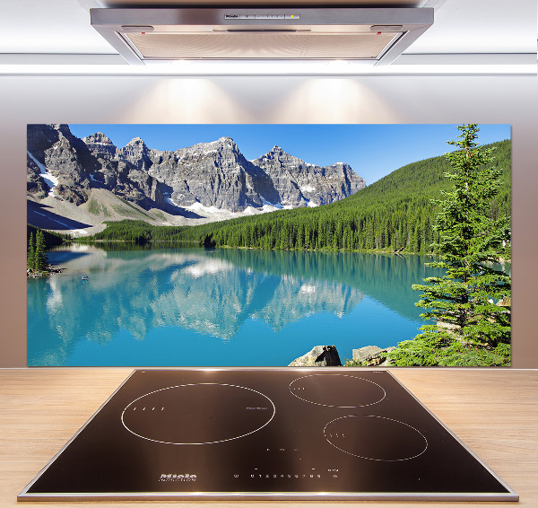 Rivestimento parete cucina con motivo raffigurante un lago tra le montagne