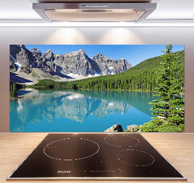 Rivestimento parete cucina con motivo raffigurante un lago tra le montagne