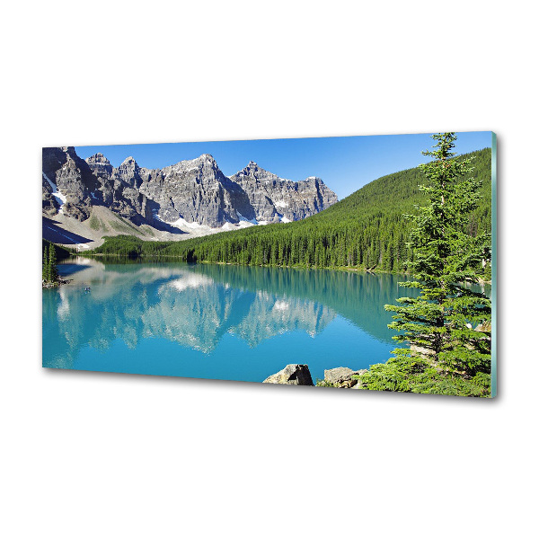 Rivestimento parete cucina con motivo raffigurante un lago tra le montagne