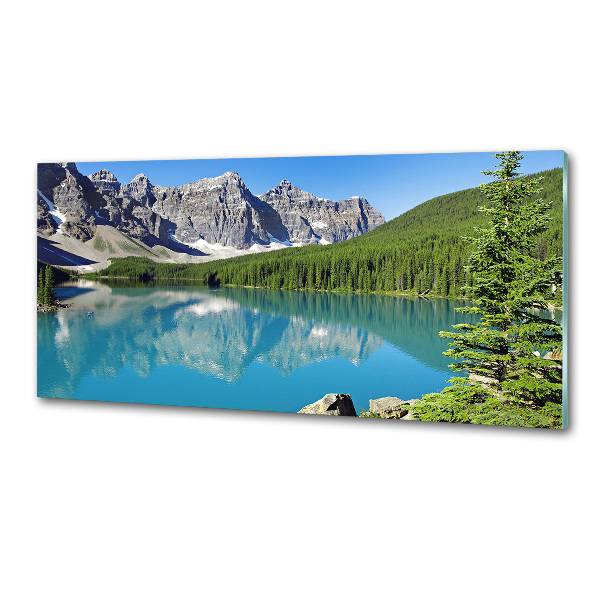 Rivestimento parete cucina con motivo raffigurante un lago tra le montagne