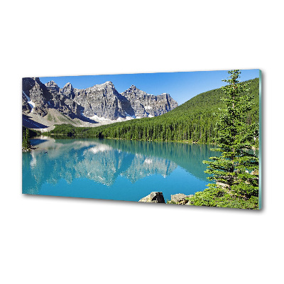 Rivestimento parete cucina con motivo raffigurante un lago tra le montagne