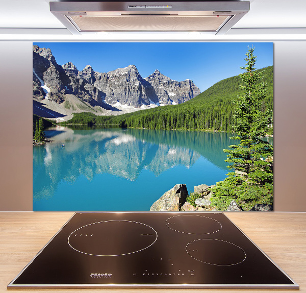 Rivestimento parete cucina con motivo raffigurante un lago tra le montagne