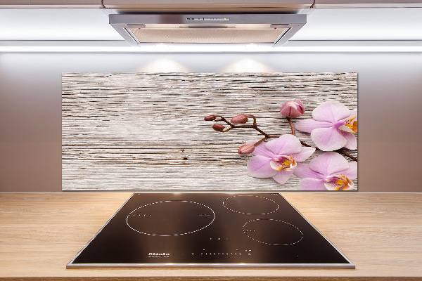 Pannello paraschizzi cucina con stampa di orchidee su motivo legno