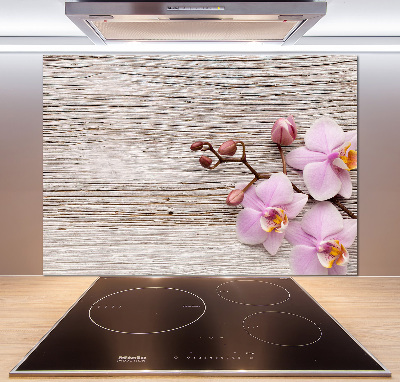 Pannello paraschizzi cucina con stampa di orchidee su motivo legno