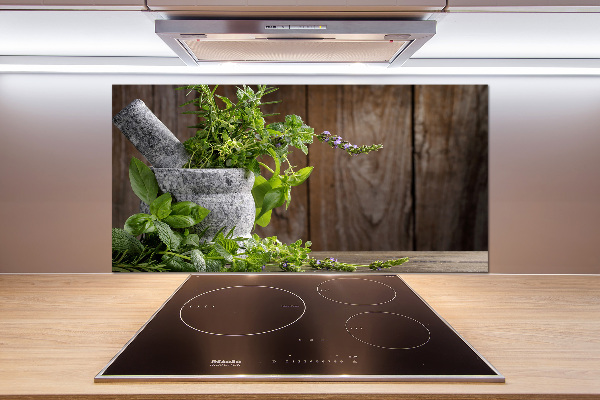 Pannello retrocucina con stampa raffigurante erbe aromatiche in un mortaio