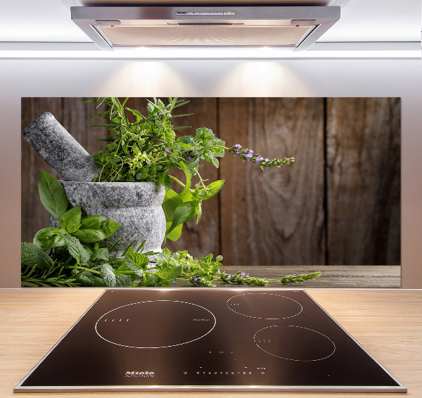 Pannello retrocucina con stampa raffigurante erbe aromatiche in un mortaio