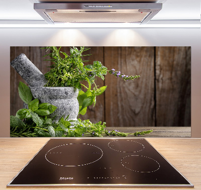 Pannello retrocucina con stampa raffigurante erbe aromatiche in un mortaio