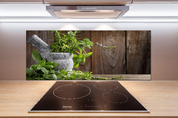 Pannello retrocucina con stampa raffigurante erbe aromatiche in un mortaio