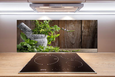 Pannello retrocucina con stampa raffigurante erbe aromatiche in un mortaio