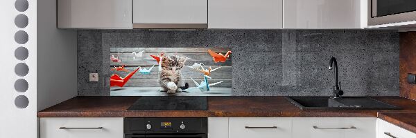 Pannello retrocucina con decorazione di gatti e uccelli di carta