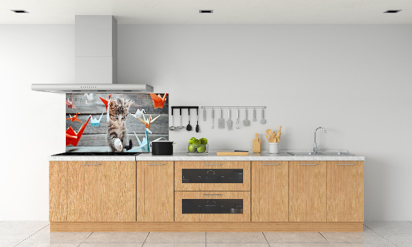 Pannello retrocucina con decorazione di gatti e uccelli di carta