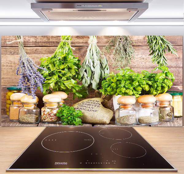 Pannello paraschizzi cucina con motivo di erbe aromatiche su filo