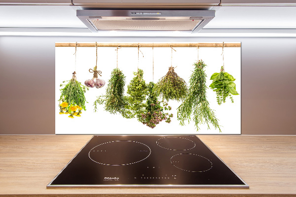 Pannello paraschizzi cucina con motivo di erbe aromatiche disposte su un filo