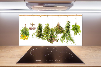 Pannello paraschizzi cucina con motivo di erbe aromatiche disposte su un filo