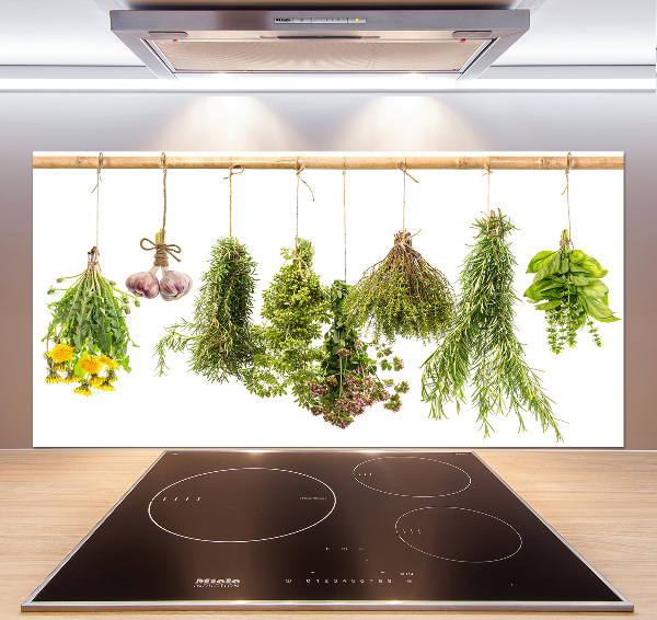 Pannello paraschizzi cucina con motivo di erbe aromatiche disposte su un filo
