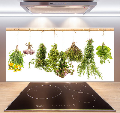 Pannello paraschizzi cucina con motivo di erbe aromatiche disposte su un filo
