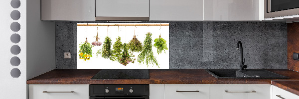 Pannello paraschizzi cucina con motivo di erbe aromatiche disposte su un filo