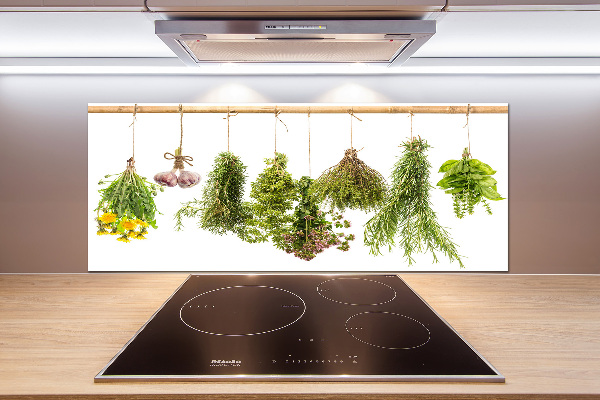 Pannello paraschizzi cucina con motivo di erbe aromatiche disposte su un filo