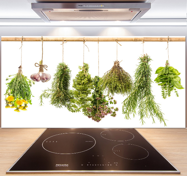 Pannello paraschizzi cucina con motivo di erbe aromatiche disposte su un filo