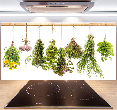 Pannello paraschizzi cucina con motivo di erbe aromatiche disposte su un filo