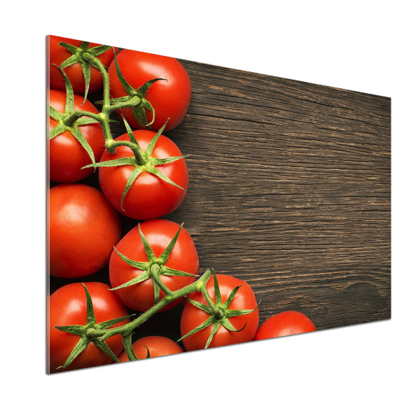 Rivestimento parete cucina con stampa di pomodori su sfondo effetto legno