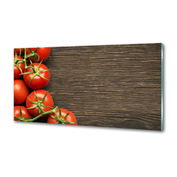 Rivestimento parete cucina con stampa di pomodori su sfondo effetto legno