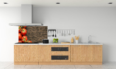 Rivestimento parete cucina con stampa di pomodori su sfondo effetto legno