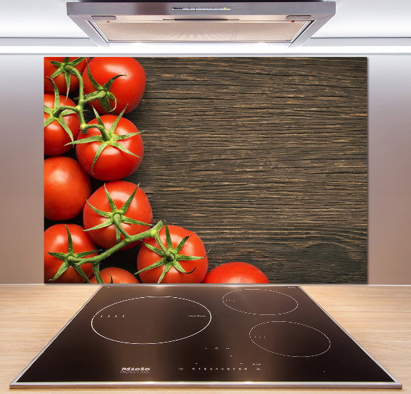 Rivestimento parete cucina con stampa di pomodori su sfondo effetto legno