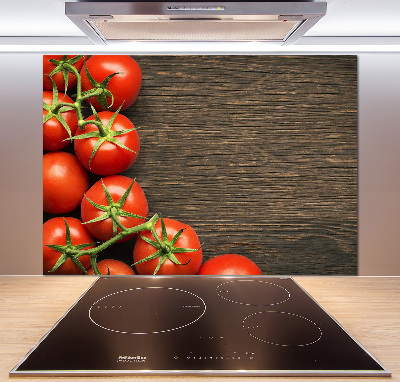 Rivestimento parete cucina con stampa di pomodori su sfondo effetto legno